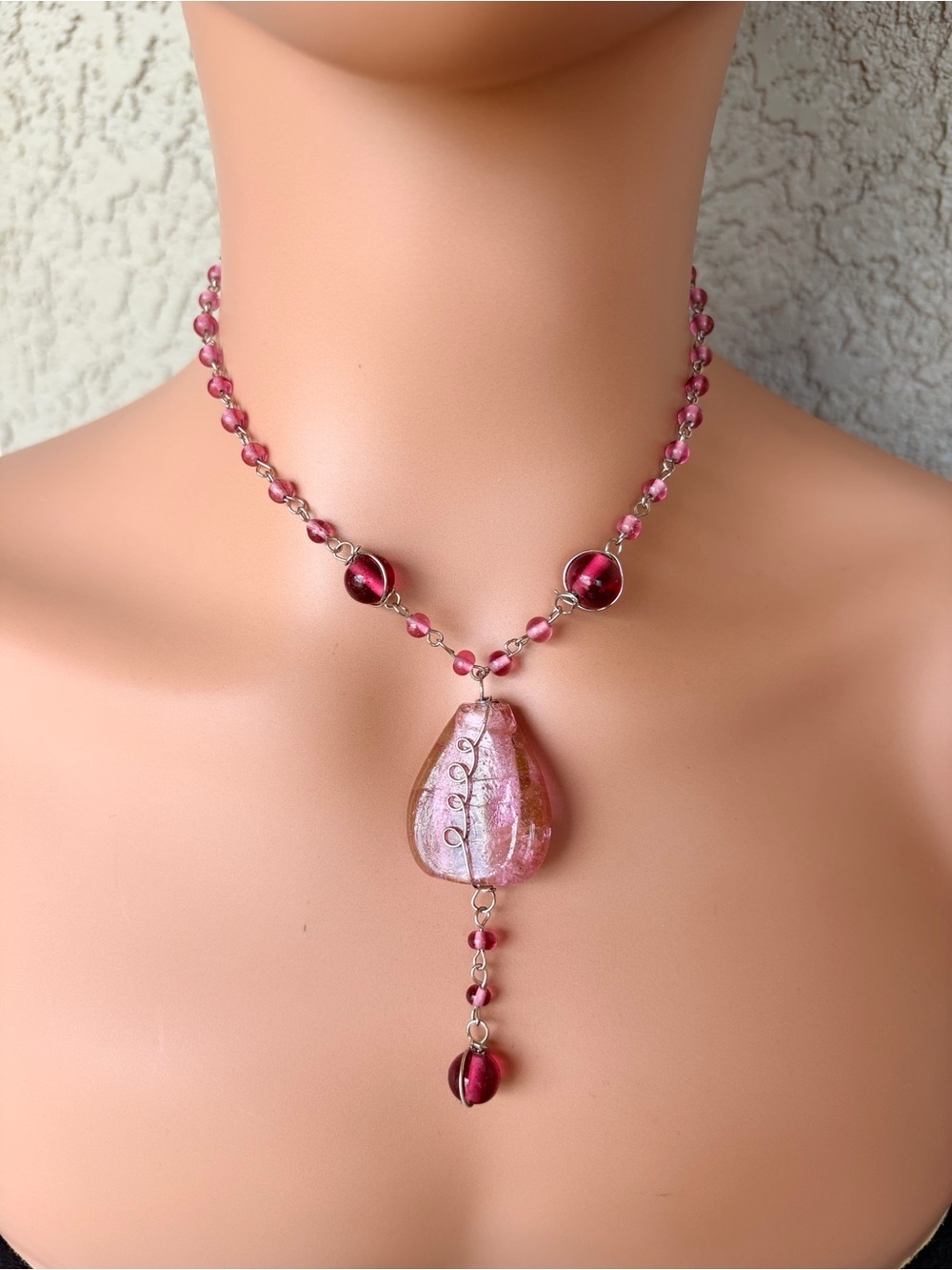 Handcrafted Pink Glass Teardrop Pendant Necklace - Women's Jewelry